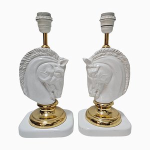 Hollywood Regency Ceramic and Brass Horse Heads Table Lamps, Austria, 1970s, Set of 2