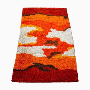 Mid-Century Scandinavian Rya Rug in Orange, Yellow, Red and White, Sweden, 1970s