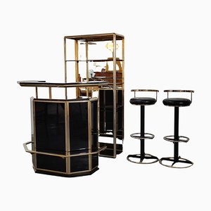 Hollywood Regency Dry Bar with Stools and Mirrored Shelf, Italy, 1980s, Set of 3