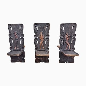 Western African Stargazer Chairs in Hand-Carved Wood, 1890s, Set of 3