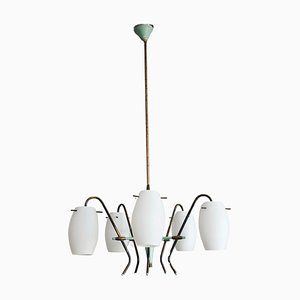 Mid-Century Opaline Glass and Brass Chandelier from Stilux Milano, 1950s