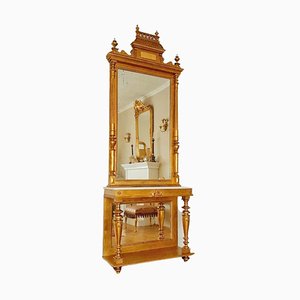 Consola victoriana con espejo de madera dorada y mármol, década de 1880