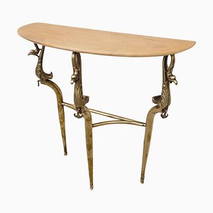Hollywood Regency Brass Console Table with Semi-Circular Marble Top, 1950s