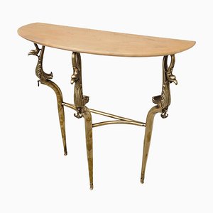 Table Console Hollywood Regency en Laiton avec Plateau Semi-Circulaire en Marbre, 1950s