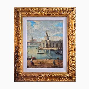 Después de Francesco Guardi, Venice Dogana, óleo sobre lienzo, finales de 1700-principios de 1800, enmarcado