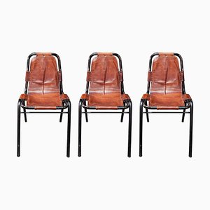 Leather Dining Chairs attributed to Dalvera in the style of Charlotte Perriand, France, 1950s, Set of 3