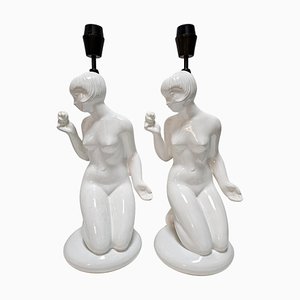Art Deco Style Female Nude Figure Ceramic Table Lamps, Poland, 1960s, Set of 2