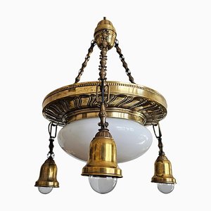 Art Nouveau Polished Brass Chandelier with Opaline Glass Dome, Austria, 1910s