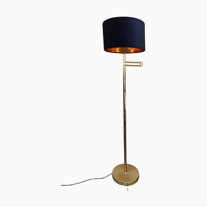 Mid-Century Swing-Arm Brass Floor Lamp with Black Velvet Shade, Germany, 1970s