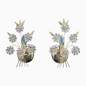 Hollywood Regency Blumen Wandlampen aus Messing & vergoldetem Kristallglas von Palwa, 1970er, 2er Set