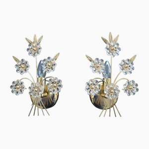 Hollywood Regency Brass & Gold-Plated Crystal Flower Wall Lights from Palwa, 1970s, Set of 2