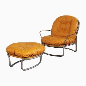 Model 915 Lounge Chair with Footrest in Metal and Leather by Carlo de Carli for Cinova, 1970s, Set of 2