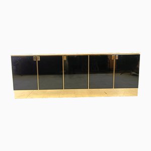 Black Lacquered and Travertine Credenza, 1980s