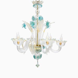 Venetian Murano Glass 6-Light Chandelier in White and Blue, 1960s