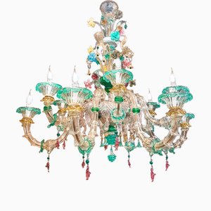 Vintage Venetian Murano Hand Crafted Green Glass and Flowers Chandelier, 1960s