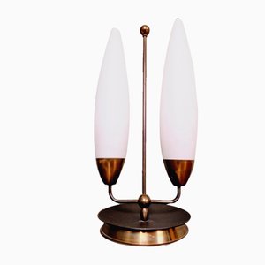 Grande Lampe de Bureau en Laiton et Opaline Blanche, 1960s