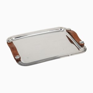 Vintage 20th Century Silver Plated Leather Handled Tray by Hermes for Hermès, Paris, 1970s