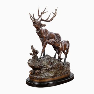 Prosper Lecourtier, Cerf et Biche, 19ème Siècle, Bronze