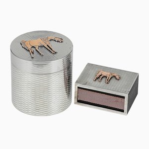 Silver Cigarette Box & Matchbox with Gold Horse Detail from Hermes, 1960s, Set of 2