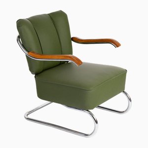 Vintage Bauhaus Armchair in Green Leather, 1930s