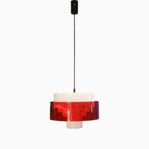 Mid-Century Italian Pendant Lamp in White and Red Methacrylate and Brass by Stilnovo, 1960s