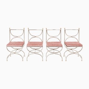12 Curule Chairs in Steel, Brass & Pink Velvet from Maison Jansen, 1960s, Set of 12