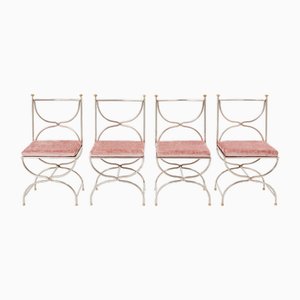 Sedie Curule in acciaio, ottone e velluto rosa di Maison Jansen, anni '60, set di 12