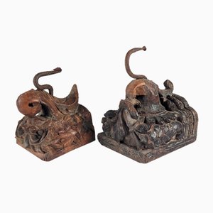 Antique Carved Wood Elephant Head Hooks, India, 1890s, Set of 2