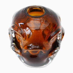 Mid-Century Modern Biomorphic-Shaped Handmade Crystal Vase in Amber and Brown attributed to Börne Augustsson for Åseda, Sweden