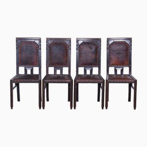 Czech Cubist Chairs in Oak and Red Leather by Josef Gočár, 1910s, Set of 4