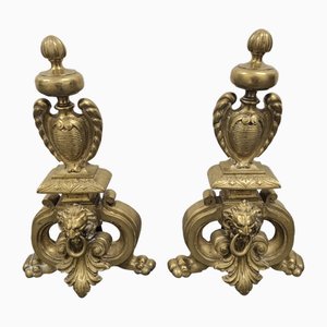 Chenets Tête de Lion en Bronze Doré, 19ème Siècle, Set de 2