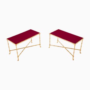 Tables d'Appoint en Bambou, Laiton et Laque Rouge de Maison Baguès, 1960s, Set de 2