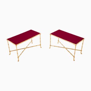 Tavolini in bambù, ottone e lacca rossa di Maison Baguès, anni '60, set di 2