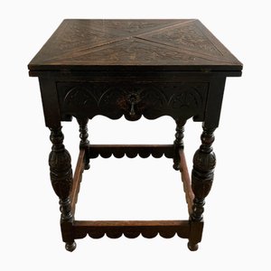 Antique Carved Oak Envelope Card Table with Single Drawer and Gaming Wells