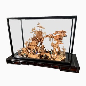 Large Antique Chinese Carved Cork Diorama in Ebonised Glass Display Case, 1890s