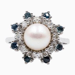 Anello floreale vintage in oro bianco 14k con perla, diamanti e zaffiri, anni '60