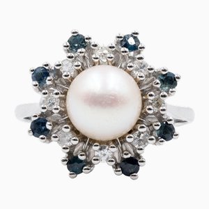 Vintage 14k White Gold Flower Ring with Pearl, Diamonds and Sapphires, 1960s