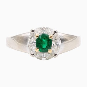 Vintage 18k White Gold Ring with Marquise-Cut Diamonds and Emerald, 1980s