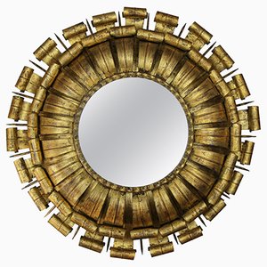 Large Sunburst Gilt Wrought Iron Wall Lamp with Mirror, Spain, 1950s