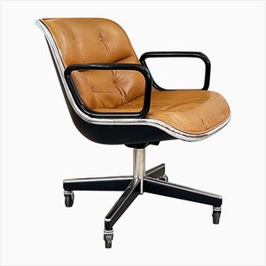 Vintage Chrome and Tufted Brown Leather Office Chair by Charles Pollock for Knoll, 1975