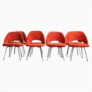 Mid-Century Modern Steel Chrome and Orange Wool Chairs by Eero Saarinen, 1960s, Set of 8