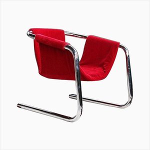 Vintage Chrome and Red Velvet Lounge Chair, 1970s