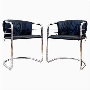 Vintage Italian Leather and Polished Chrome Sling Chairs by Giotto Stoppino, 1980s, Set of 2