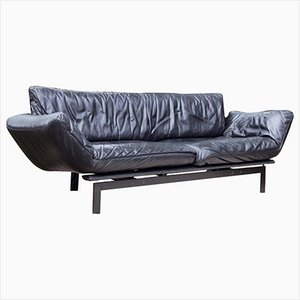 Vintage Convertible Black Leather Sofa from De Sede, 1985