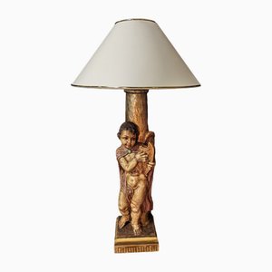 Lampe Décor Angelot en Bois Polychromé