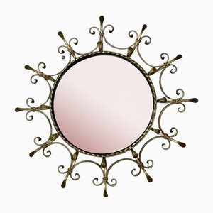 Sun Mirror or Wall Lamp in Patinated Gilt Wrought Iron, 1960s
