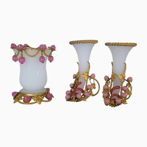 Napoleon III Opaline and Pomponne 3 Bouquet Holder Vases, 19th Century, Set of 3