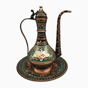 Handmade Inlaid Copper Pitcher with Plate