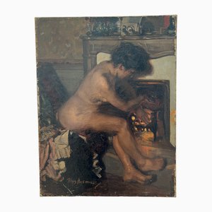 Aloys Hugonnet, Femme nue devant la cheminée, huile sur toile, encadrée