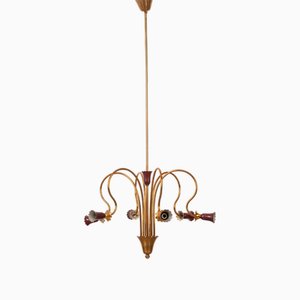Lámpara de araña italiana de latón y metal burdeos, años 50